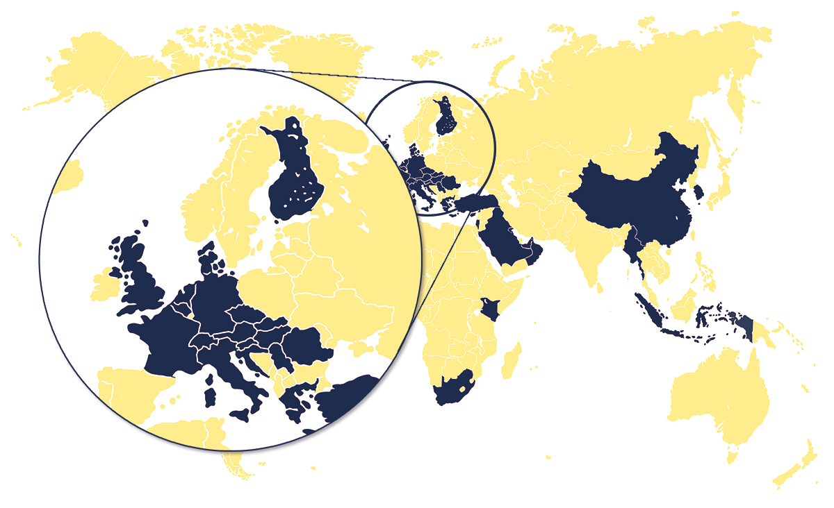 Map of the world with countries we work in highlighted in other color